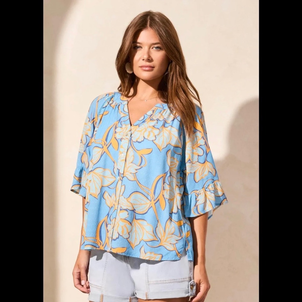 Tribal Blue Yellow Tropical Floral Crochet Shoulder Ruffle Sleeve Blouse XS